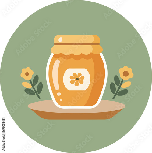 Glass jar of golden honey with yellow flower label on wooden surface with green background