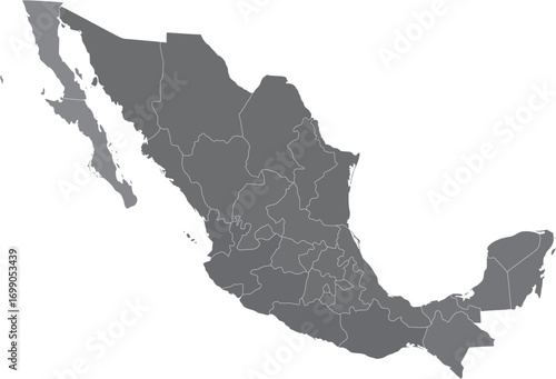 Grey Map of Mexico With Regions 