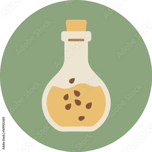 Glass bottle with cork stopper and amber liquid containing seeds on light green background