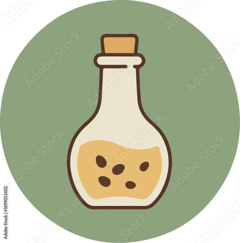 Clear glass bottle with cork stopper and yellowish liquid on green background