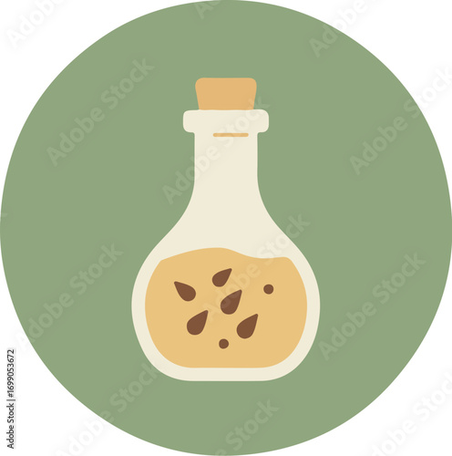 Transparent glass bottle with light brown cork stopper and liquid on light green background