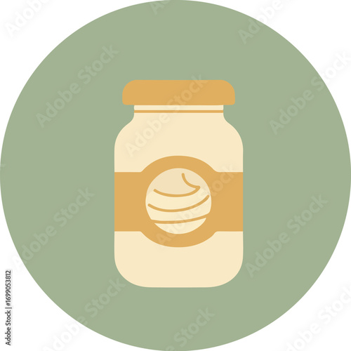 Light beige jar with orange lid and swirl design on light green circular background