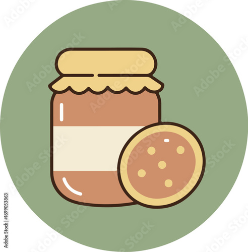 Rustic jar of peanut butter with wooden lid and round cookie on soft green background