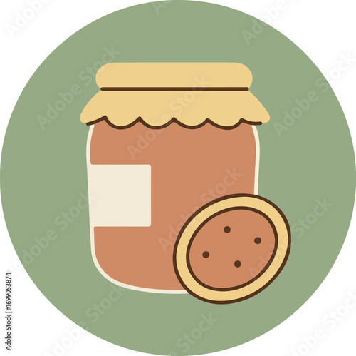 Still life with jar of jam and chocolate chip cookie on light green background