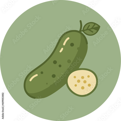 Illustration of a cucumber with a slice revealing seeds on a green background
