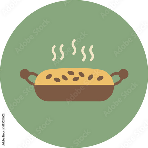 Rustic brown casserole dish with golden-brown casserole and dark brown beans on green background