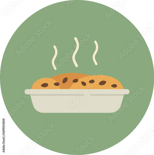 Freshly baked casserole or lasagna in a white rectangular baking dish with melted cheese and herbs on a soft green background
