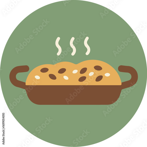 Freshly baked loaf of bread with seeds in a rustic ceramic casserole dish on a green background
