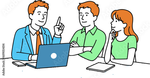 Business meeting discussion with laptop and tablet simple line art business people vector