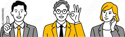 Diverse business people expressing different emotions through gestures and facial expressions line art vector