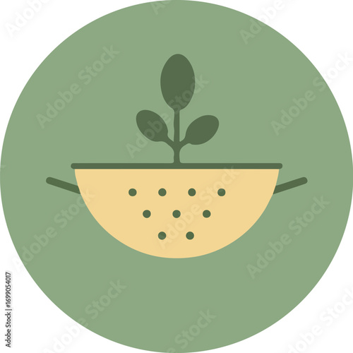 Minimalist illustration of a light yellow colander with a small green plant on top