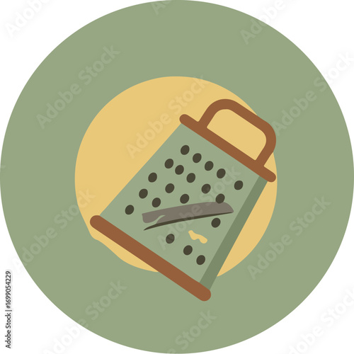 Close-up of a muted greenish-gray cheese grater with a brown handle and grated cheese on a gradient background