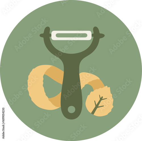 Vegetable peeler with dark green handle and white blade on green background with peeled strips
