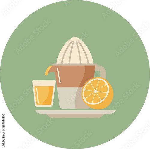 Citrus juicing setup with juicer, cup, and halved orange on a green background