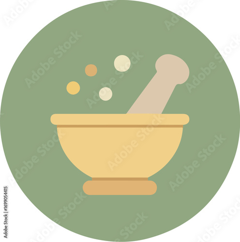 Illustration of a mortar and pestle on a green background