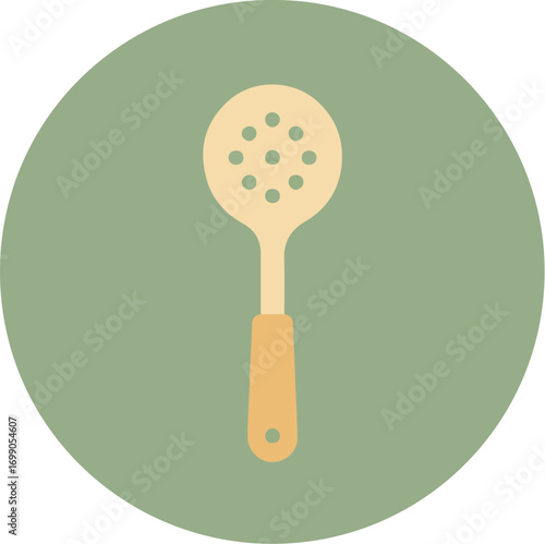 Slotted spoon with light beige head and light orange handle on green background