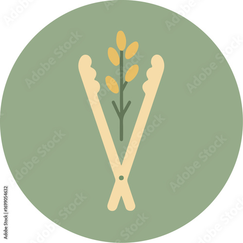 Minimalist digital illustration of gardening shears with light beige blades and soft yellow handles