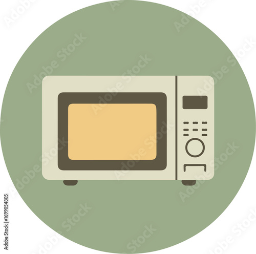 Minimalist white microwave oven with beige interior on light green background