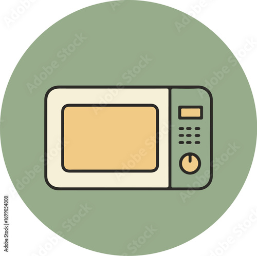 White microwave oven with beige door and black handle on green background