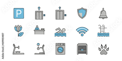 Hotel amenities icons set offers a modern and convenient stay, including parking, elevators, security, and leisure facilities ensuring a comfortable experience