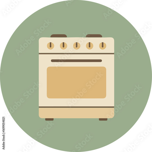 Minimalist white kitchen stove with beige oven door on green background