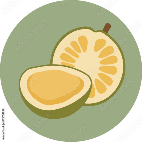 Halved jackfruit with vibrant yellow-orange interior and green exterior on a solid green background
