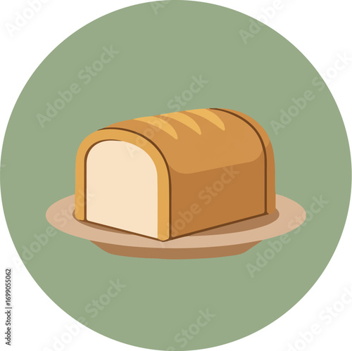 Close-up illustration of a sliced loaf of bread on a beige plate with a circular border