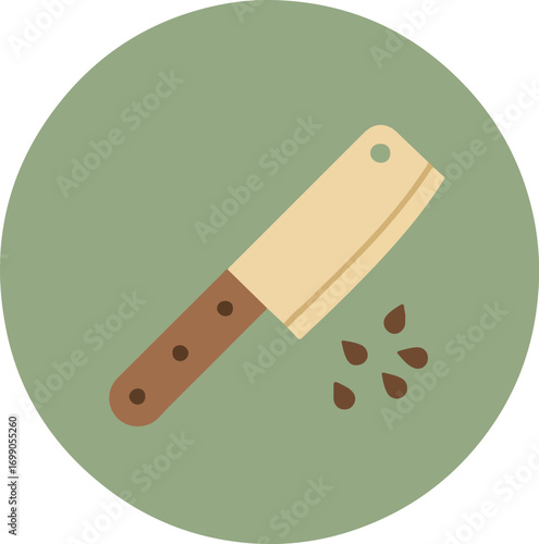 Minimalist illustration of a knife with a light beige blade and brown handle on a soft green background
