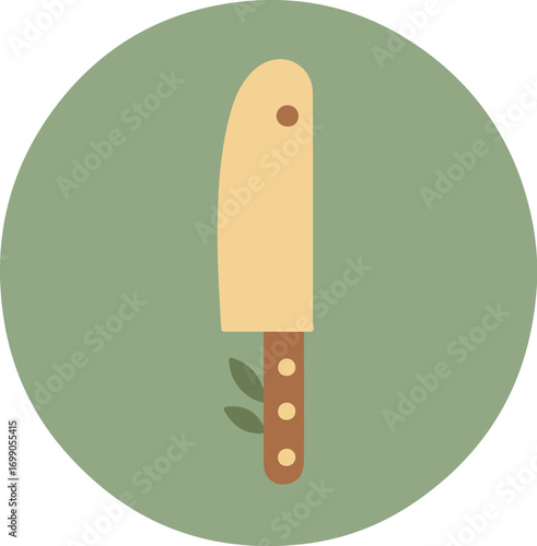 Minimalist illustration of a sleek knife with a light beige blade and brown handle with green leaf on green background