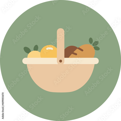 Light beige basket with vibrant fruits including oranges and pomegranate on green background