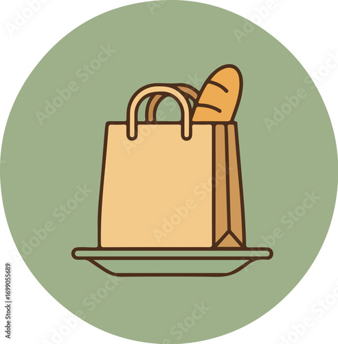 Minimalist illustration of a brown paper shopping bag with a loaf of bread on a circular surface