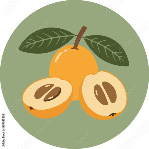 Split nutmeg with orange exterior and brown interior on green background with leaves