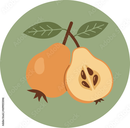 Two pears one whole and one halved with green leaves on a soft green background