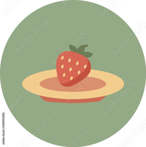 Single ripe strawberry on a light yellow plate with green leaves and muted green background