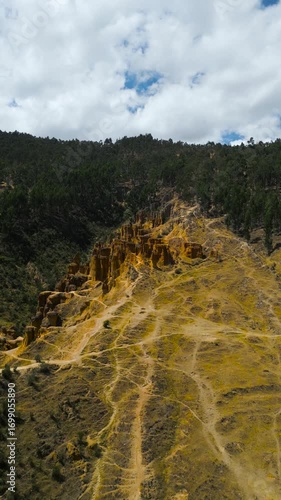 Majestic Hoodoo Rock Formations in the Peruvian Puna Seen from Drone.