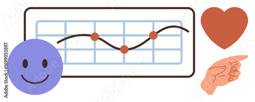 happy face, chart with trendline, heart, and pointing hand exploring concepts of growth, feedback, emotions, user experience, data analytics, connection and human-centered interaction in a simple