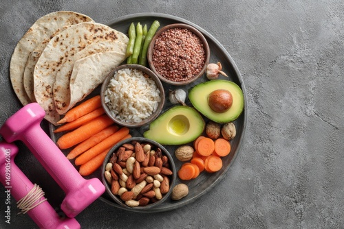 Healthy meal and fitness.  A round gray platter with various nutritious foods, including rice, beans, tortillas, avocado, nuts, carrots, and dumbbells