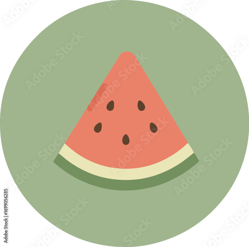 Close-up of a ripe watermelon slice with red flesh and black seeds on a light green background