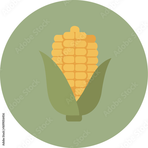 Detailed illustration of a single ear of corn with golden-yellow kernels and green husks on a muted green background