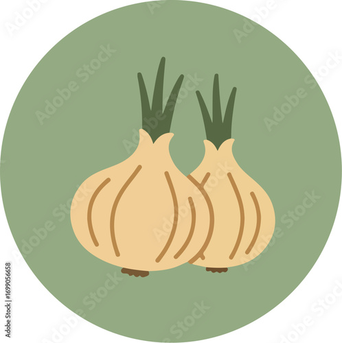Minimalist illustration of two light beige onions with green tops on a muted green background