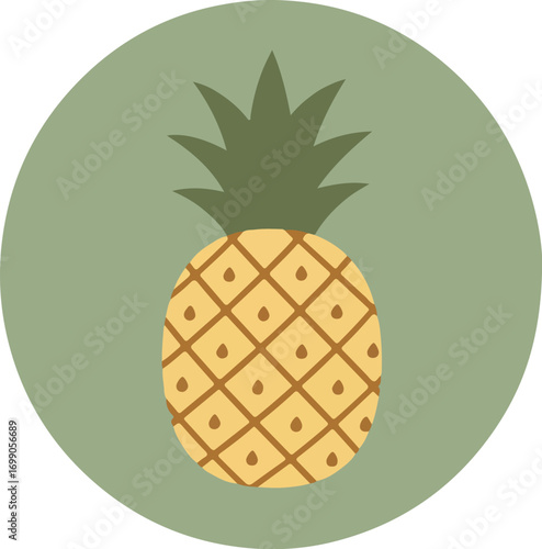 Close-up of a ripe pineapple with green leaves on a light green background