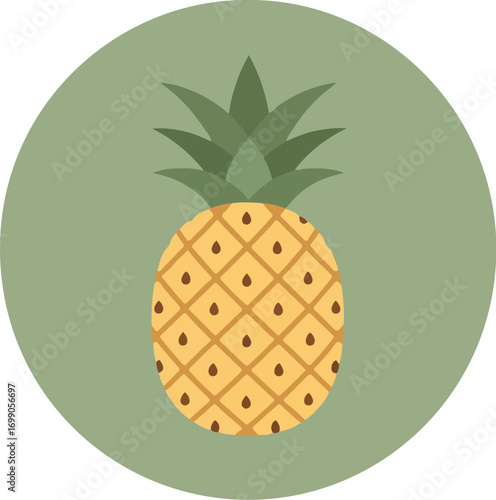 Close-up of a ripe pineapple with green leaves on a solid green background