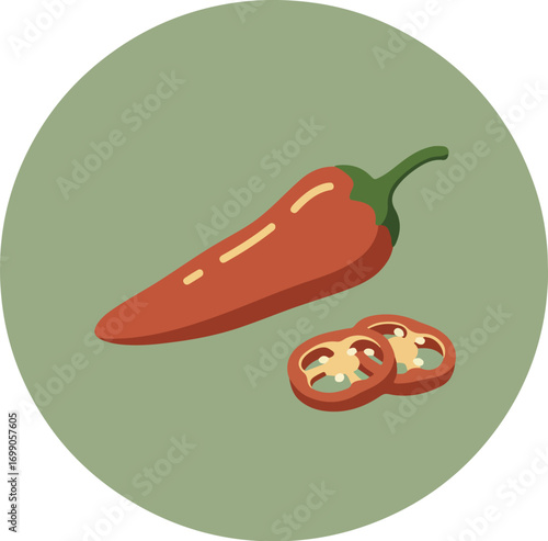 Circular illustration of a red chili pepper and tomato slices on a green background