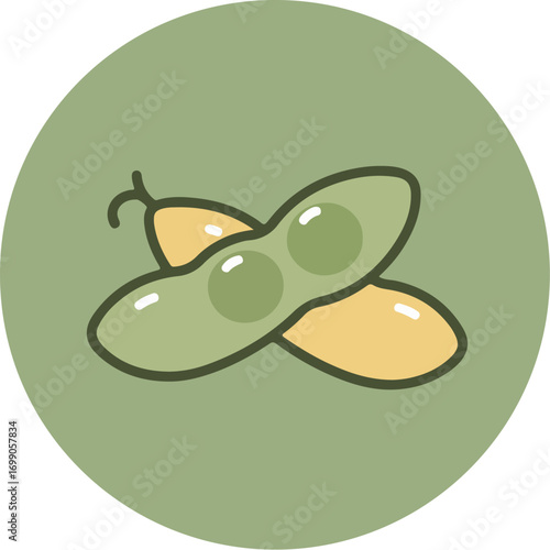 Stylized digital illustration of a pod of broad beans with three vibrant green beans with white spots