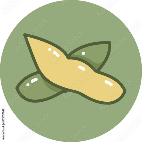 Single ripe banana with stem angled on muted green background