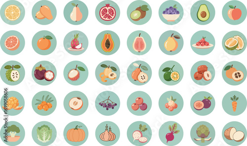 A vibrant cartoon-style illustration of a neatly arranged grid of fresh fruits and vegetables in circular cutouts against a light green background