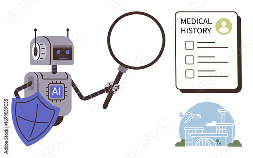 Robot labeled AI holding a magnifying glass and shield examining a medical history document. Townscape illustration. Ideal for healthcare, AI, data analysis, privacy, diagnostics, innovation