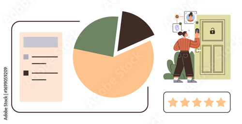 Woman opening secured door via facial recognition pie chart, star rating, menu interface. Ideal for privacy, technology, security analysis, data insights, smart devices, identity verification simple