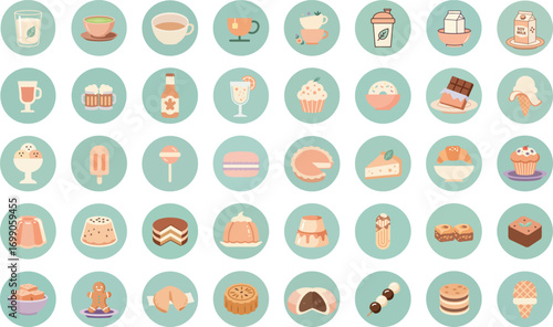 Symmetrical grid of circular frames with food and beverage items in pastel colors