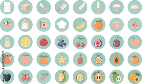 40 round pastel cooking and baking icons in a grid